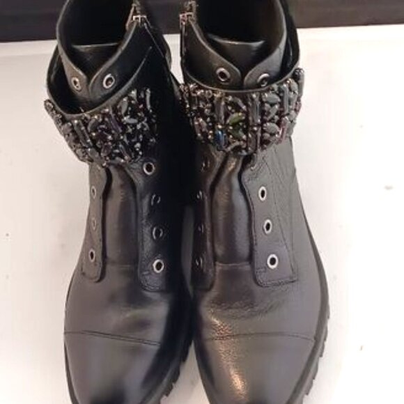 Karl Lagerfeld Paris Pippa Black Leather Bejeweled SideZip Lug-Sole Combat Boots - Picture 2 of 7